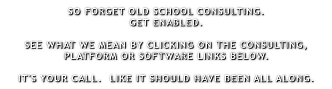 SO FORGET OLD SCHOOL CONSULTING. GET ENABLED. SEE WHAT WE MEAN BY CLICKING ON THE CONSULTING, PLATFORM OR SOFTWARE LINKS BELOW. IT'S YOUR CALL. LIKE IT SHOULD HAVE BEEN ALL ALONG.